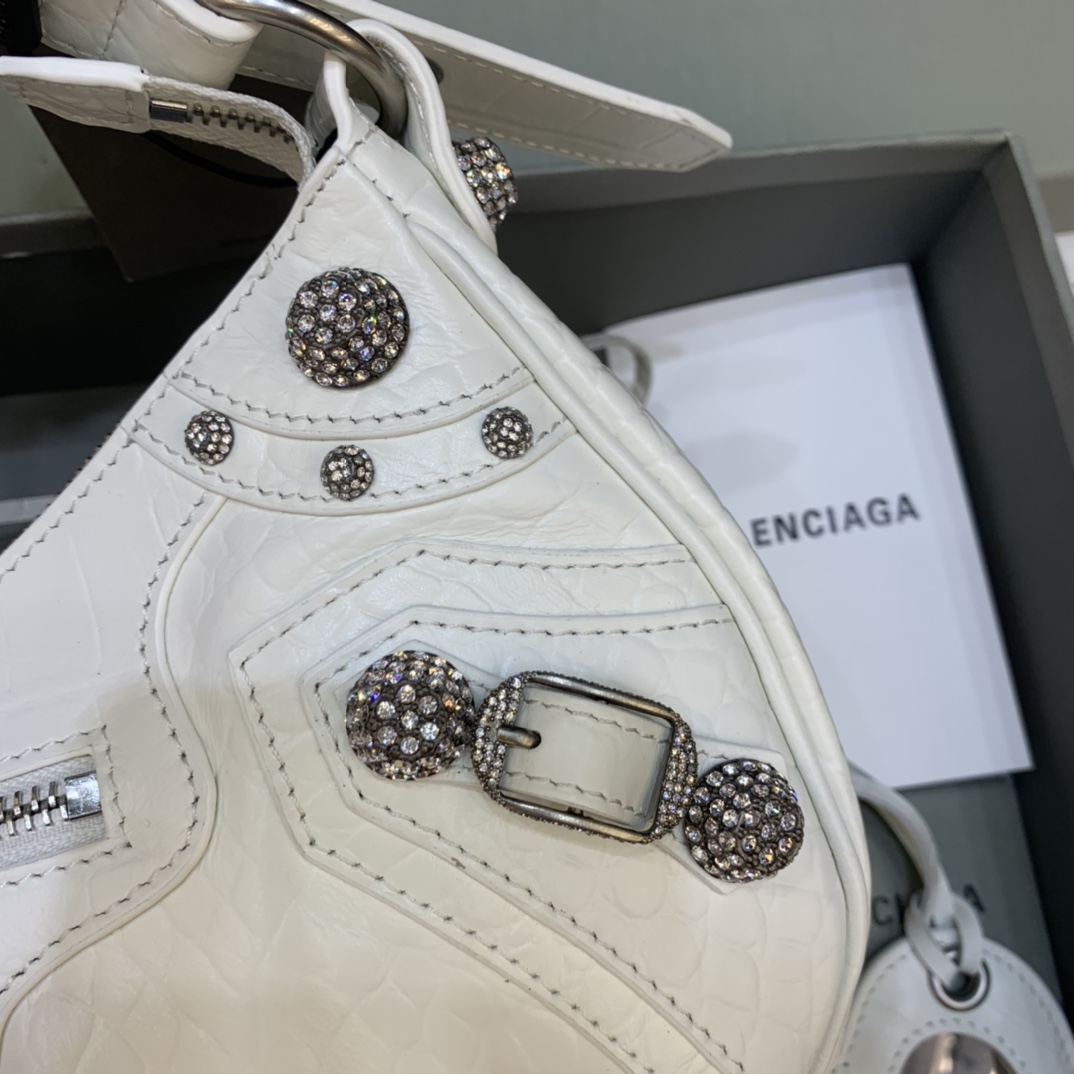 Balenciaga Le Cagole Small Shoulder Bag Crocodile Embossed Rhinestones White